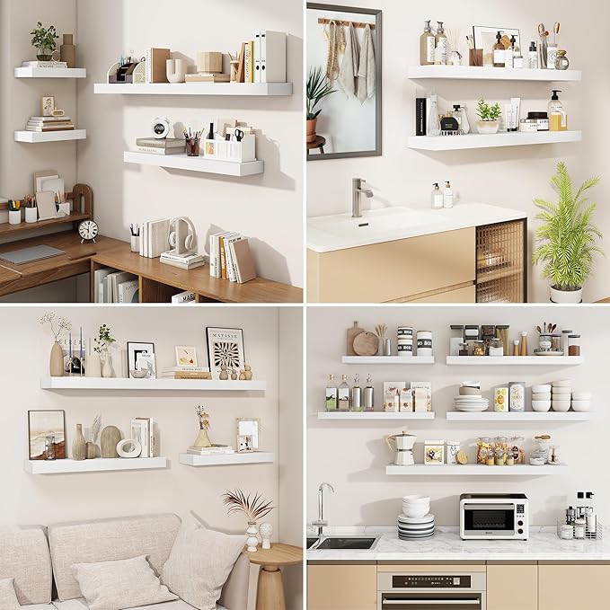 fuqing Floating Shelves for Wall, Bathroom Shelf Wall Mounted for Storage, Shelves with Invisible Bracket for Bedroom, Kitchen, Living Room, Farmhouse Small Book Shelf, 36 Inch Set of 2, White