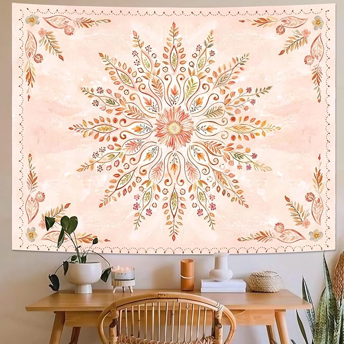 Lunerfex Floral Mandala Tapestry Boho Tapestry for Bedroom Orange Tapestries Wall Hanging Living Room Wall Art and Home Decor 70x90