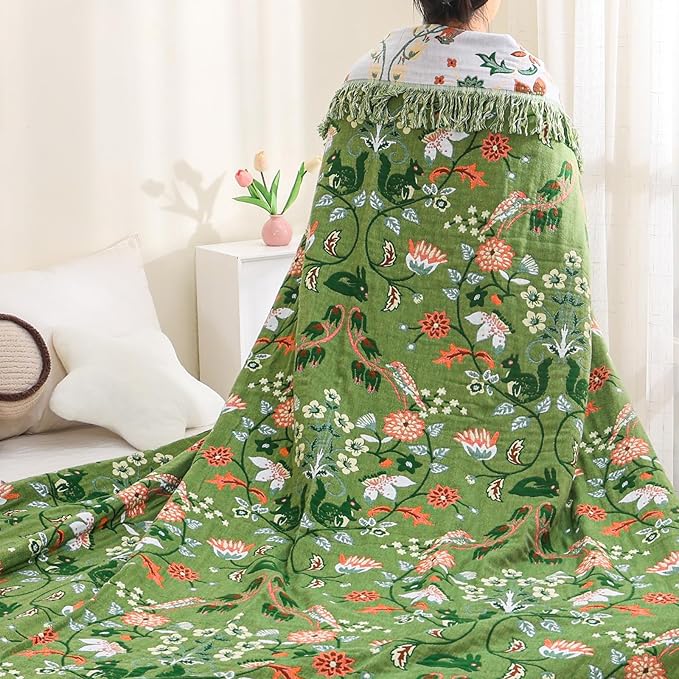 Boho Ultra Soft Throw Blanket 60''x80',100% Cotton Blankets for Couch Bed,Squirrel Farmhouse Home Decor Bed Blankets, All Season Rustic Reversible Bohemian Lightweight Throw for Bed -Light Green ﻿