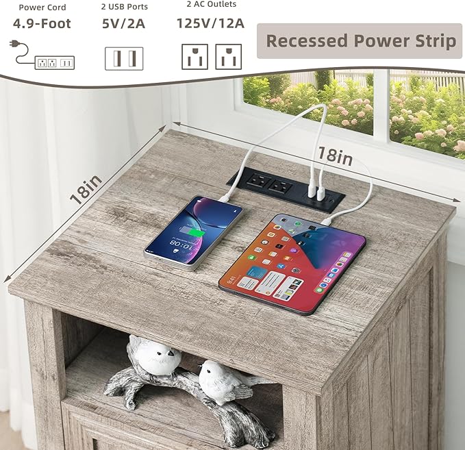 18" Farmhouse Night Stand with Charging Station, 2 Drawers End Table Dresser for Bedroom, Oak Wooden Nightstand, Bed Side Table with Open Shelf, Bedside Cabinet for Living Room, Closet