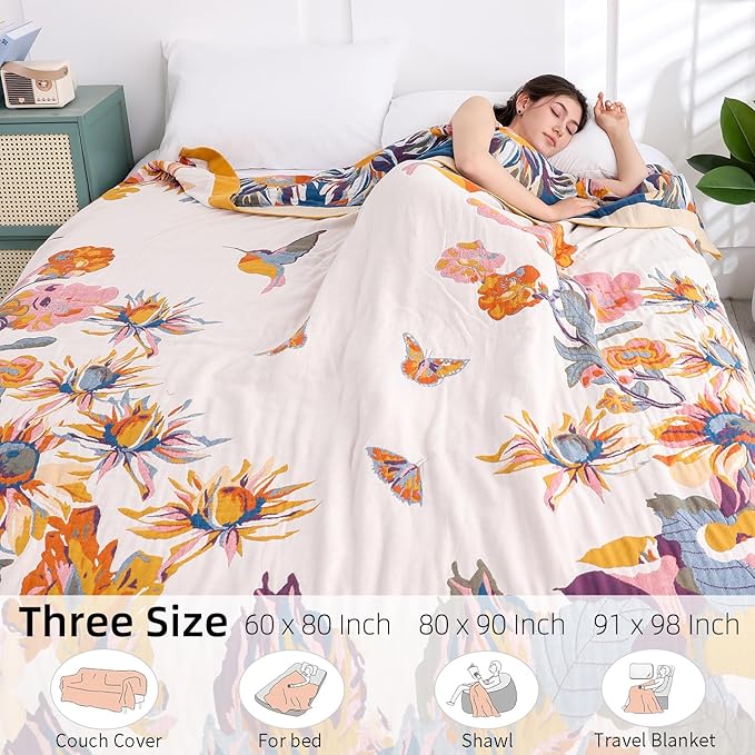 Boho Throw Blanket for Bed - 100% Pure Cotton Ultra Soft Rustic Quilt - Farmhouse Decor Bed Blankets, All Season Rustic Throw for Sofa Couch Chair(60"×80", Floral)