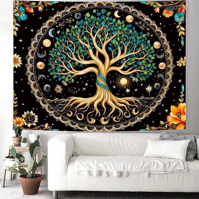 Delur Tree of Life Tapestry Moon Phase Nature Flower Plant Tapestry Wall Hanging Boho Mandala Spiritual Sun Aesthetic Psychedelic Headboard for Bedroom Living Room Home Decor (51.2" x 59.1")