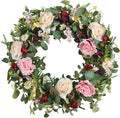 WANNA-CUL 24 Inch Large Spring Rose Wreaths for Front Door,Spring Front Door Wreath with Pink and Wine Red Floral Door Wreath with Eucalyptus Leaves for Wedding or Indoor&Outdoor Decorations