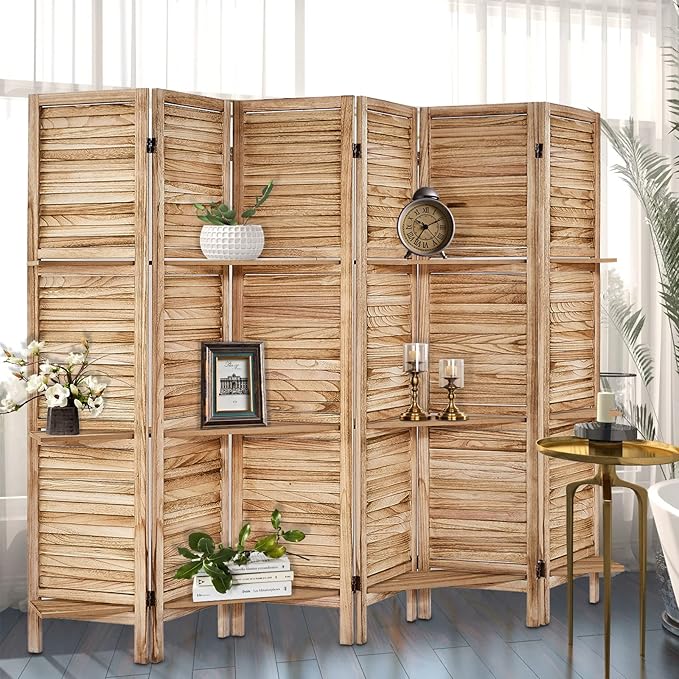 Room Divider with Shelves, Privacy Screen, Room Dividers and Folding Privacy Screens, 6 Panel Wood Temporary Wall Partition Separation Separator, Natural