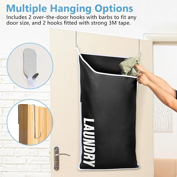 Hanging Laundry Hamper Bag XL 40x22", Space Saving over the Door Storage Bags, Behind the Door Hampers for Dirty Clothes & Wall Mounted Basket for Bathroom, Organizer for Small Room Spaces RV