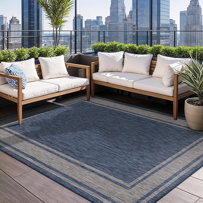 Beverly Rug Large Outdoor Rug 9x12 Modern Bordered Area Rugs for Indoor and Outdoor Patio Deck Porch Garden Waterproof Weather Sun Resistant Washable Outside Carpet (9 x 12 Navy)