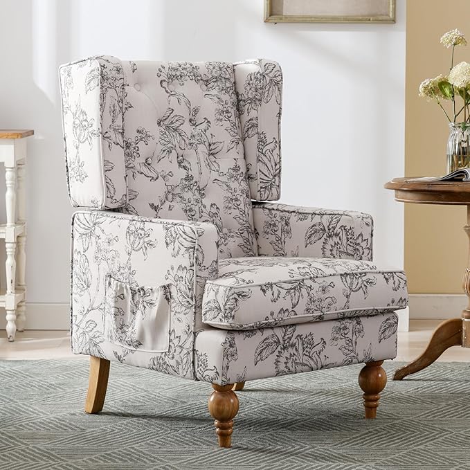 DUOMAY Tufted Accent Chair Set of 2, Modern Linen Upholstered Wingback Side Arm Chair for Living Room Bedroom with Wood Legs, Comfy Reading Guest Chair for Office, Beige Flower Pattern