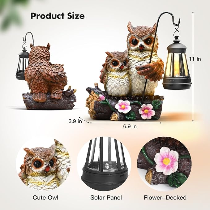 Json Garden Owls Statue with Solar LED Lantern, Loving Owls Family Embrace, Gifts for Mom Yard Art, Whimsical Figurine Large Sculpture Lighted Outdoor Mother's Day Spring Decorations for Lawn, Porch
