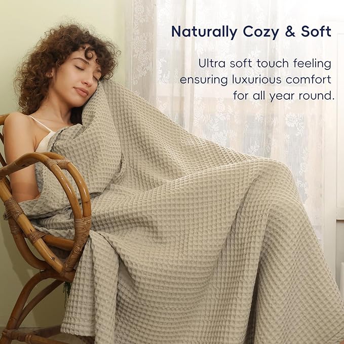 PHF Ultra Soft Waffle Weave Blanket King Size 104"x 90"- Washed Lightweight Breathable Cozy Woven Blanket for Bed - Aesthetic Decor for Couch Bedding Sofa Home Car - Khaki