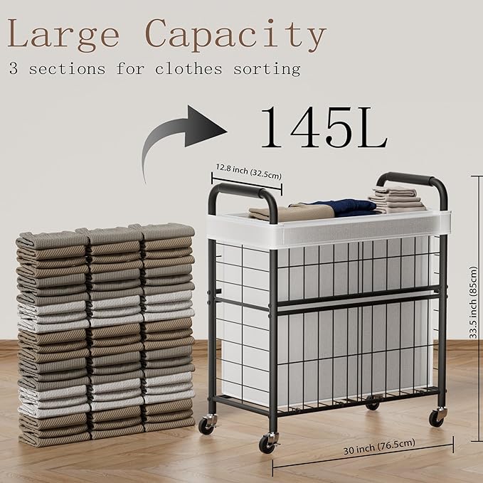 Laundry Hamper 3 Section, 145L Rolling Laundry Sorter Basket with Wheels, 3 Compartment Clothes Organizer Cart, Pull-Out Removable Bags for Laundry Room, Bathroom, Bedroom, White