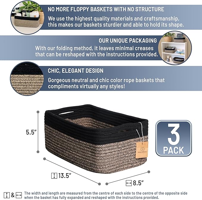 NaturalCozy 13.5”x8.5”x5.5” Rectangle Storage Baskets for Shelves 3 Pack | Cotton Rope Woven Small Baskets for Organizing | Small Storage Bins for Nursery, Bathroom, Closet, Shelf, Decorative