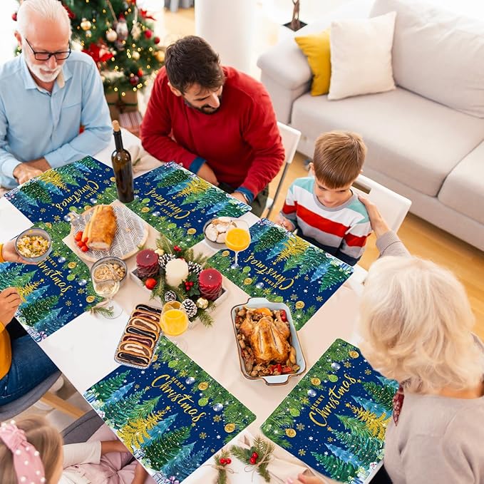 Christmas Pine Trees Placemats Set of 6 Plastic Table Mats Xmas Ball Ornaments Snowflakes Place Mats Holiday Pine Trees Winter Table Decoration for Indoor Outdoor Party Kitchen Dining