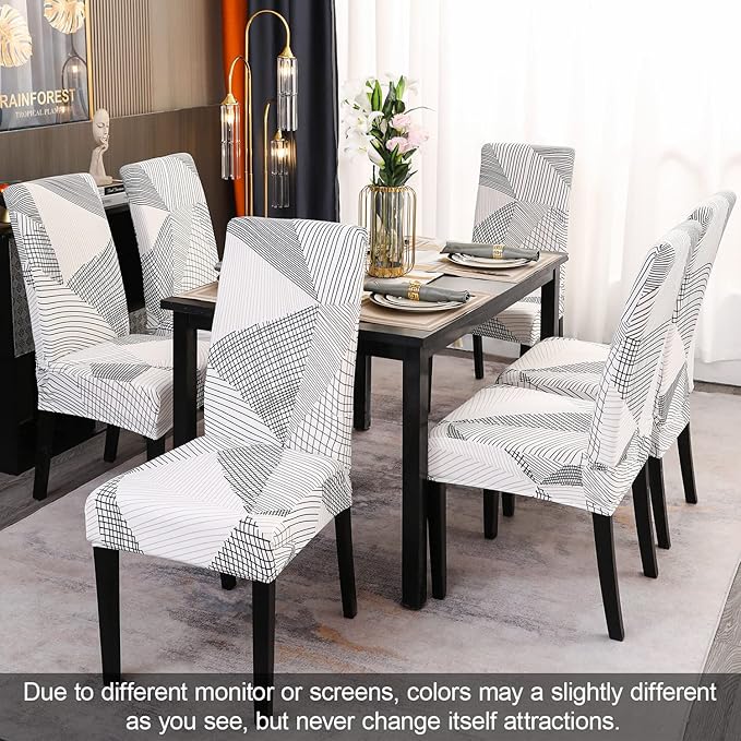 JQinHome White Chair Covers for Dining Room Set of 6, High Stretch Removable Washable Parsons Chair Slipcover for Home Party Hotel Wedding Ceremony (6PCS, Geometric)