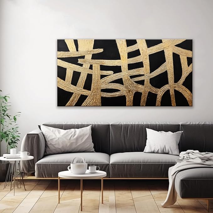 Abstract Wall Art Paintings Canvas Wall Art Decor Black And Gold Lines Artwork for Walls Texture Wall Decorations Modern Minimalist Wall Art Living Room Decor For Room Bedroom Office Wall Decor 24"X48"