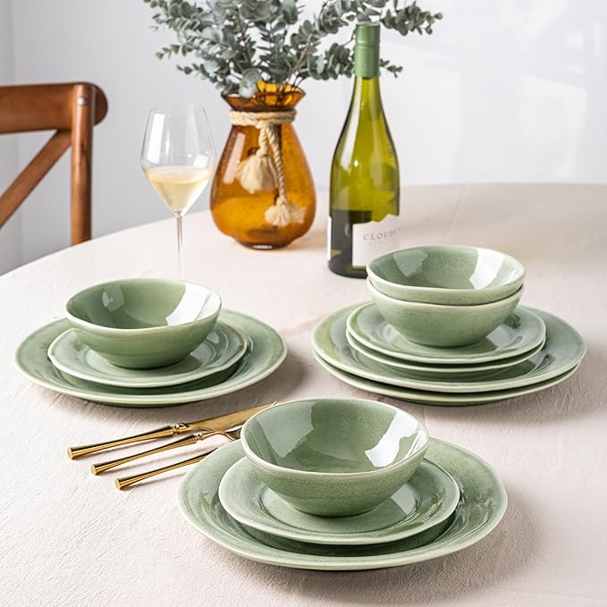 AmorArc Ceramic Dinnerware Sets, Handmade Stoneware Reactive Glaze Plates and Bowls Set, Scratch Resistant | Dishwasher & Microwave Safe Dishes Set, Service for 4 (12pc)