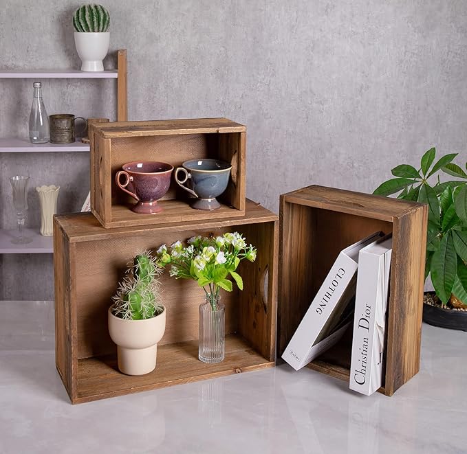 TIMRIS Set of 3 Rustic Distressed Wood Nesting Crates, Farmhouse Decorative Wooden Storage Boxes, Vintage Reclaimed Wood Baskets for Display (Natural)