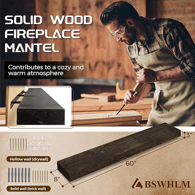 60x8x3 Fireplace Mantel - Solid Rustic Wood - Wall Mounted Floating Shelf with Invisible Heavy Duty Steel Bracket (Weathered Black)