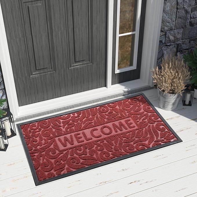 Yimobra Welcome Front Door Mat Outdoor, Heavy Duty Sturdy Non Slip Doormats, Rubber Backing, Low-Profile Entrance Rugs, Absorbent Resist Dirt, Easy Clean Patio Garage Floor Mats, 47X24 Inch, Wine Red