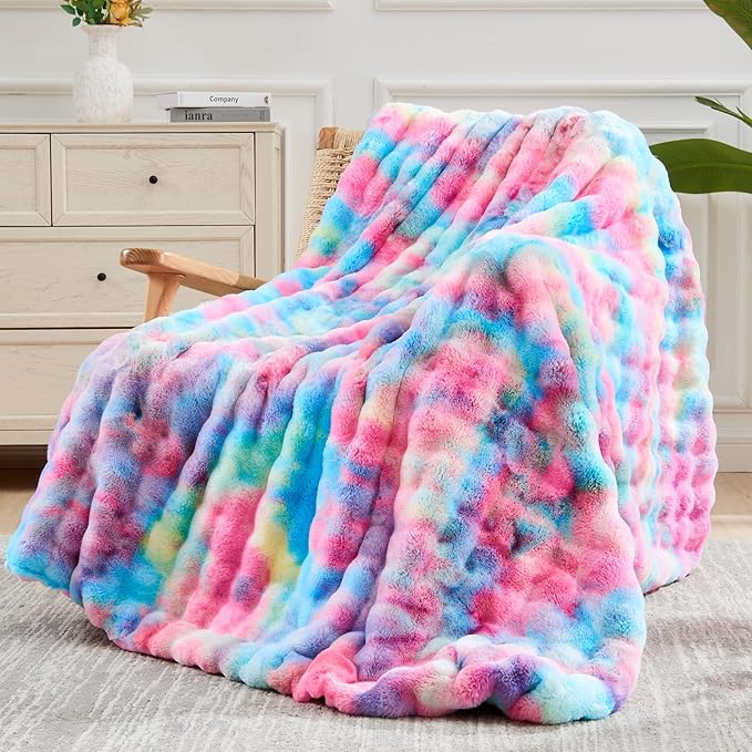 NEWCOSPLAY Faux Fur Twin Blanket Dark Rainbow Luxury Fluffy Thick Warm Bubble Blanket for Couch Sofa Bed 700GSM (Dark Rainbow, Twin(60"x80"))