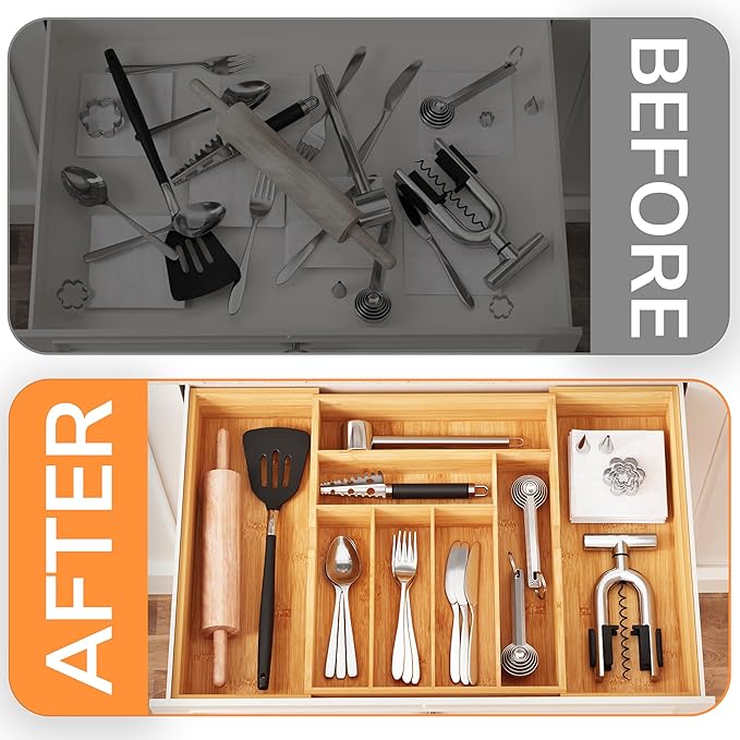 BAMEOS 3" Deepth Expandable Drawer Organizer, Deep Flatware Organizer, Adjustable Silverware Organizer, Bamboo Drawer Organizer for Kitchen, Bathroom (Natural)