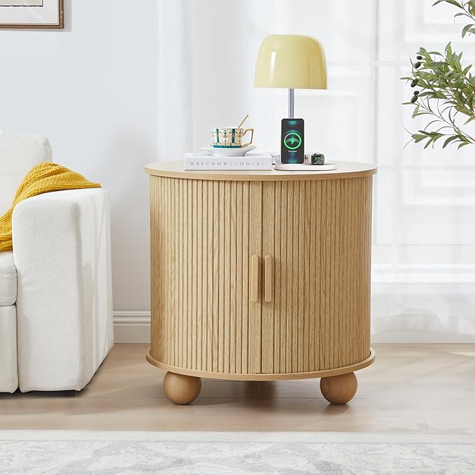 Farmhouse Round End Table with Charging Station, 24" Large Fluted Sofa Side Table with Sliding Tambour Door & Storage, Mid-Century Wood Nightstand for Living Room, Bedroom (Natural)