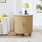AVZEAR 24" Large Round End Table with Charging Station, Farmhouse Fluted Sofa Side Table with Sliding Tambour Door & Storage, Mid-Century Wood Nightstand for Living Room, Bedroom, Natural