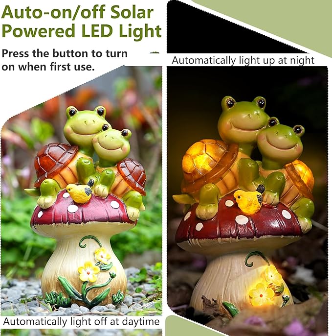 Solar Light Turtle Garden Statue, Turtle on Mushroom Figurine, Lovely Tortoise Garden Statue with 5 LED Lights for Patio, Balcony, Yard, Housewarming, Lawn Ornament, Outdoor Lawn Decor
