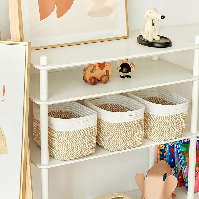 Small Cotton Rope Storage Basket Set of 3-11"x7"x7" Perfect Woven Baskets for Storage, Ideal Storage Baskets for Organizing Toys, Towels, and More - Baskets for Shelves（White & Mixed Camel）