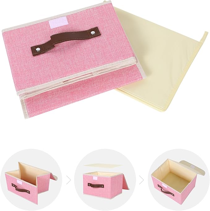 ANMINY Storage Bin with Lid Storage Boxes with PU Leather Handles PP Plastic Board Decorative Foldable Lidded Cotton Linen Fabric Home Cubes Baskets Closet Organizer Container - Pink, Small Size