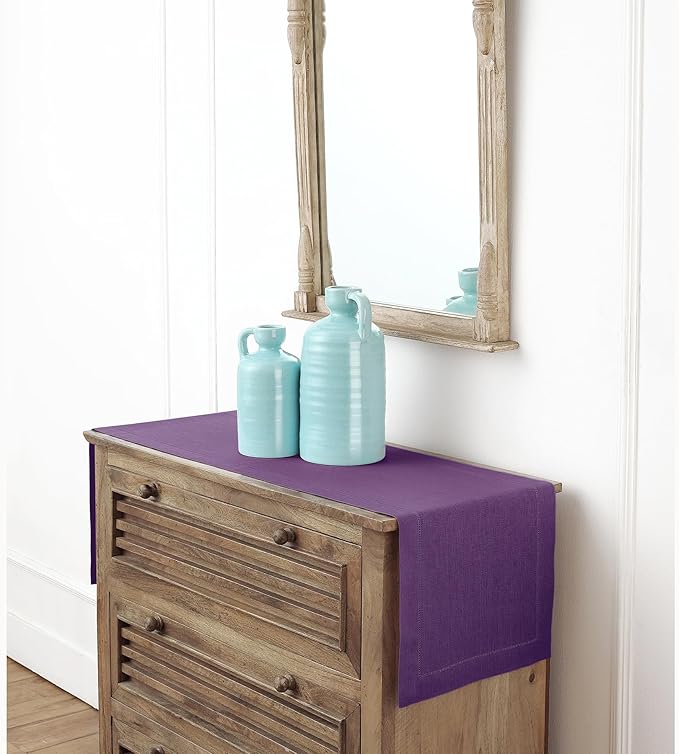 Solino Home Linen Purple Table Runner 60 Inches - Classic Hemstitch, 100% Pure Linen Coffee Table Runner 14 x 60 Inch Ideal for Dresser Tables - Fall, Autumn, Halloween, Thanksgiving