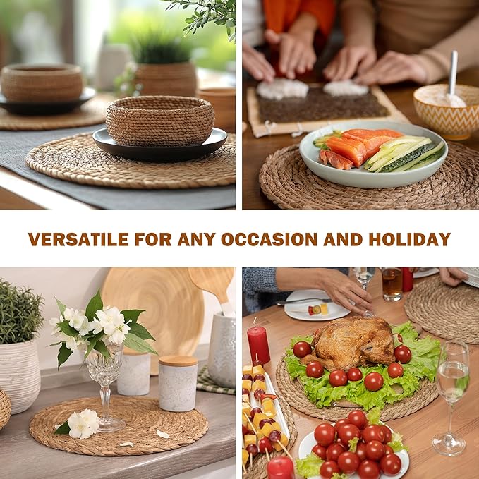 Defined Deco Woven Placemats Set of 10,12" Round Rattan Placemats,Natural Hand-Woven Water Hyacinth Placemats,Farmhouse Weave Place Mats,Rustic Braided Wicker Table Mats for Dining Table,Home,Wedding.
