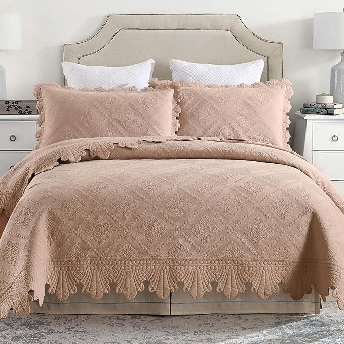 MarCielo 3-Piece 100% Cotton Oversized Bedspread Lightweight Quilt Coverlet Embroidery Farmhouse Bedding Set (TK Pale Taupe Camel, Oversized King (118"x106"))