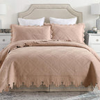 MarCielo 3-Piece 100% Cotton Oversized Bedspread Lightweight Quilt Coverlet Embroidery Farmhouse Bedding Set (TK Pale Taupe Camel, Oversized King (118"x106"))