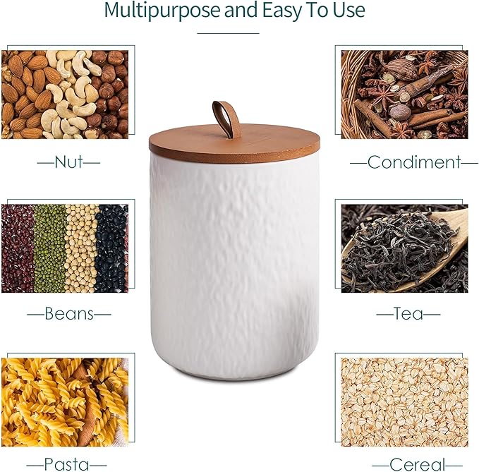 JOJUNO White Ceramic Canister Set with Wooden Lid, 3-Piece Airtight Food Storage Jars for Kitchen Counter - Flour, Sugar, Coffee, Tea, Spice - Small, Medium, Large Sizes - Stone Texture
