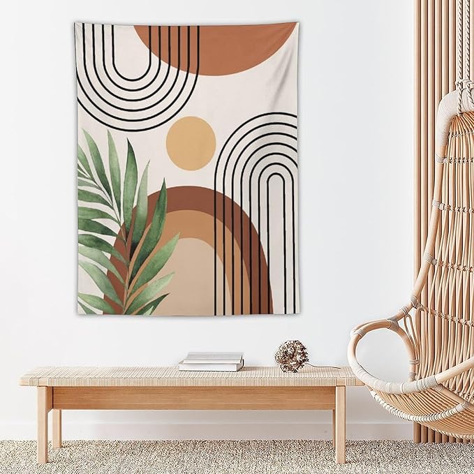 Abstract Bohemian Mid Century Tapestry, Tropical Leaves Modern Geometric Archway Minimalist Bohemian Botanical Aesthetic Wall Hanging, Sage Green Gold Home Decor Art for Bedroom 50x60 Inch