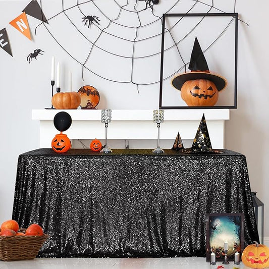 SquarePie Sequin Tablecloth 90 x 156 Inch Black Sparkly Table Linen for Wedding Halloween Party
