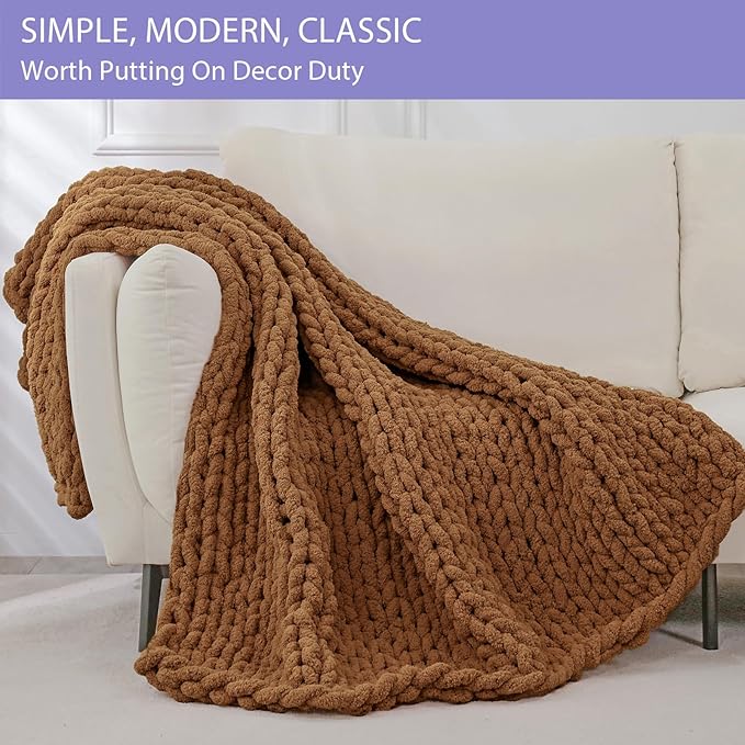 Bigacogo Chunky Knit Throw Blanket for Couch, 51x63 inches, 100% Hand Knitted with Thick Jumbo Chenille Yarn, Cozy Soft Large Rope Knot Cable Crochet Blankets for Sofa Bed Living Room, Caramel