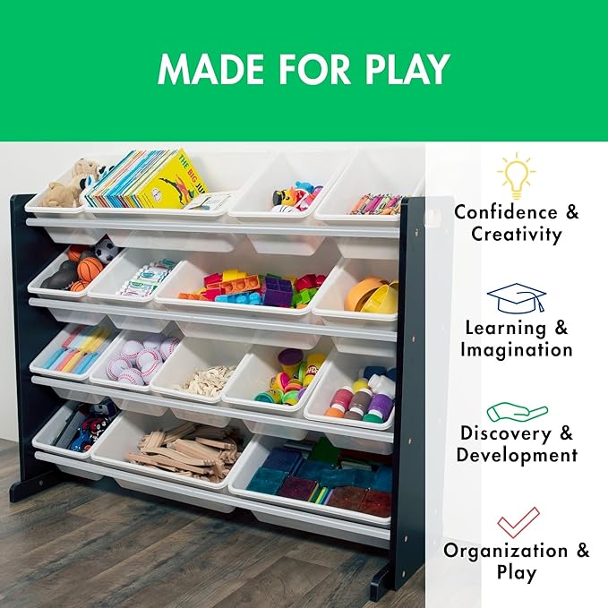 Humble Crew Supersized Toy Storage Organizer with 16 Removable Bins, Black/White – Large Toy Storage for Toddlers Ideal for Kids' Rooms, Playrooms, and Nurseries - Modern Toy Bins for Kids
