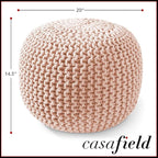 Casafield Round Pouf Ottoman, Light Pink - 20" Diameter x 14.5" High Cotton Knit Foot Stool - Boho Floor Pouffe for Living Room, Bedroom, Home Office