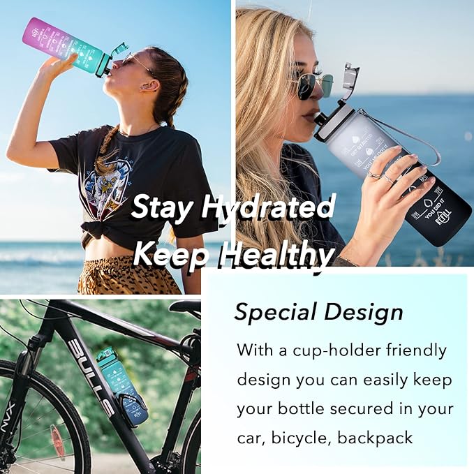 Enerbone Water Bottle, Leakproof BPA & Toxic Free, Motivational Water Bottle with Times to Drink and Straw, Fitness Sports Water Bottle with Strap for Office, Gym, Outdoor Sports