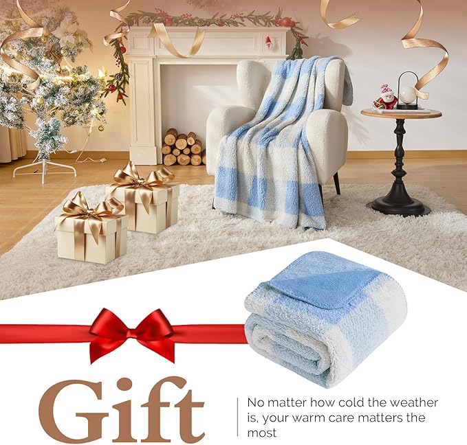 LURKA Checkered Sherpa Fleece Twin-Size Bed Blanket - Extra Thick and Warm Winter Soft Fuzzy Plush Blanket for Couches, Beds & Pets, Glacier, 60x80 Inches