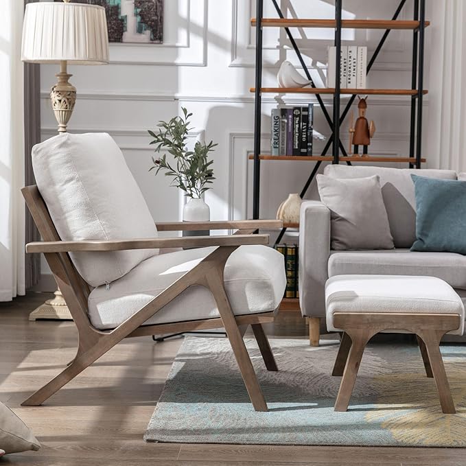 Wahson Mid Century Arm Chair and Ottoman Set, Upholstered Accent Armchair with Wood Frame and Linen Cushions, Leisure Slipper Chair for Living Room/Bedroom, Cream