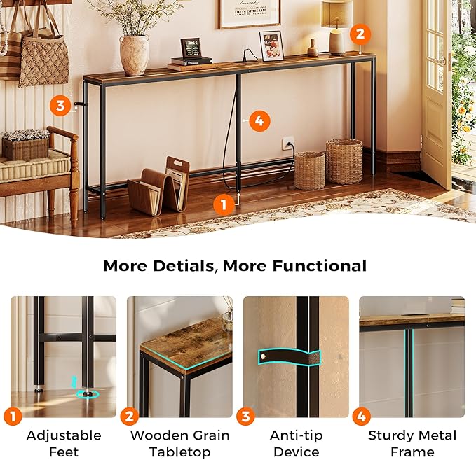 SUPERJARE 78.7 Inch Console Table with Outlet, Sofa Table with Charging Station, Narrow Hallway Entryway Table, Behind Couch Table, for Living Room, Rustic Brown
