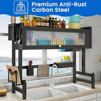 Dish Drying Rack, 3-Tier Over Sink Dish Drying Rack, 33.5" Over Sink Dish Rack for Small Kitchen, Space-Saving Dish Rack with Cover, Baskets, Utensil, Large Sink Storage Organizer Black