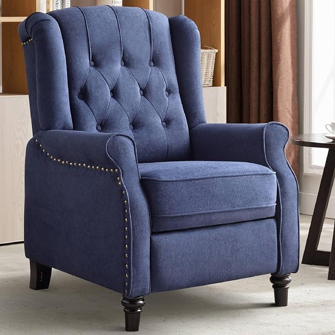 CANMOV Push Back Recliner Chair,Accent Chair, Mid Century Wingback Recliner, Fabric Push Back Recliner Chair Single Armchair Sofa with Rivet Decoration, Button-Tufted Back for Living Room,Dark Blue