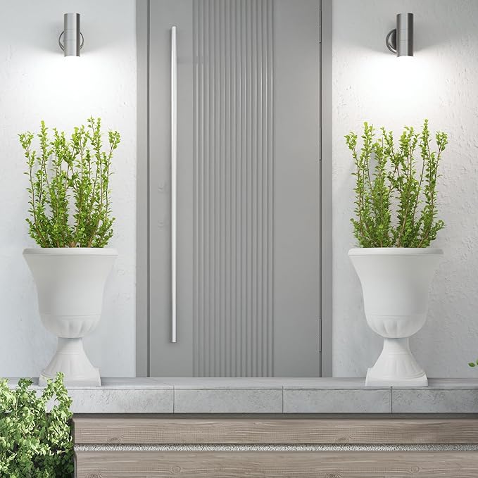 Worth Garden 2-Pack Plastic Urn Planters - 22'' Tall Round Classic Resin Flower Pots Pure White Traditional Large Plant Pots for Front Porch Patio Deck Wedding Decoration Pot - Indoor & Outdoor