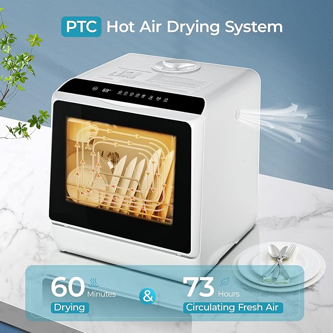 EUHOMY Countertop Dishwasher with 5L Built-in Water Tank& Inlet Hose Portable Mini Dishwashers with 6 Programs for Small Apartments, Dorms and RVs,High-Temp& Air-Dry Function, No Hookup Needed