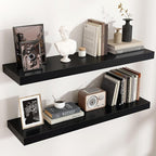 Floating Shelves - 2 Large Wall Mounted Shelves with Invisible Brackets, Long Wood Floating Wall Shelf for Living Room, Bedroom, Kitchen (Black, 36" W x 9" D x 1.5" H)