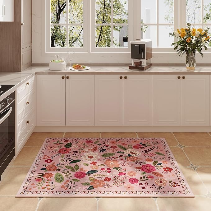 Door Mat Indoor Entrance 2x3 Rug Machine Washable Boho Floral Small Area Rug Non-Slip Low Pile Throw Rugs for Entryway, Kitchen, Front Door Indoor Entrance, Entry, Kids Room (Pink)
