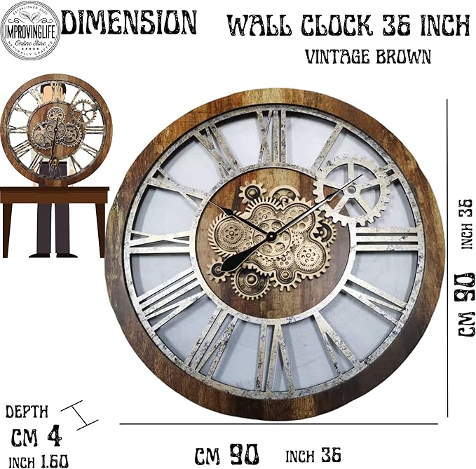 The Gears Clock 36'' Inch Real Moving Gear Wall Clock Vintage Industrial Oversized Rustic Farmhouse (Gold Antique)
